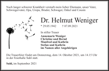 Traueranzeige von Helmut Weniger von Südthüringer Presse