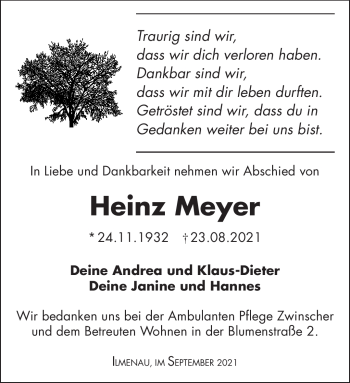 Traueranzeige von Heinz Meyer von Südthüringer Presse