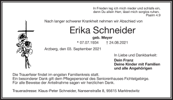 Traueranzeige von Erika Schneider von Frankenpost