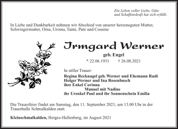 Traueranzeige von Irmgard Werner von Südthüringer Presse