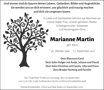 Traueranzeige von Marianne Martin von Südthüringer Presse
