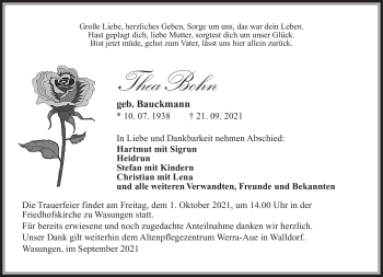 Traueranzeige von Thea Bohn von Südthüringer Presse