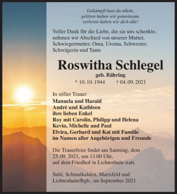 Traueranzeige von Roswitha Schlegel von Südthüringer Presse