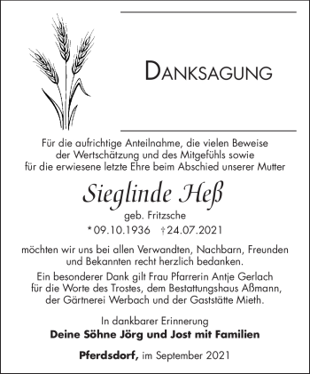 Traueranzeige von Sieglinde Heß von Südthüringer Presse