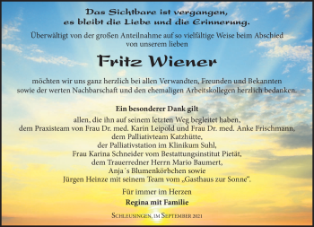 Traueranzeige von Fritz Wiener von Südthüringer Presse