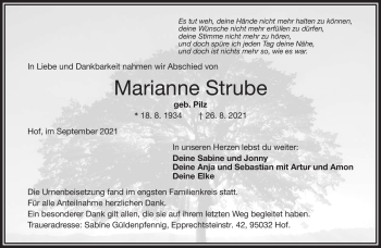 Traueranzeige von Marianne Strube von Frankenpost