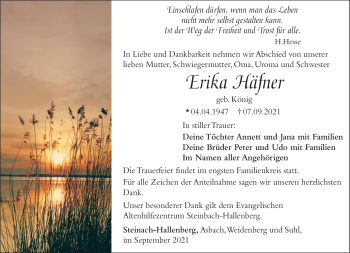 Traueranzeige von Erika Häfner von Südthüringer Presse
