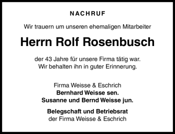 Traueranzeige von Rolf Rosenbusch von Neue Presse Coburg