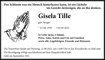 Traueranzeige von Gisela Tille von Südthüringer Presse