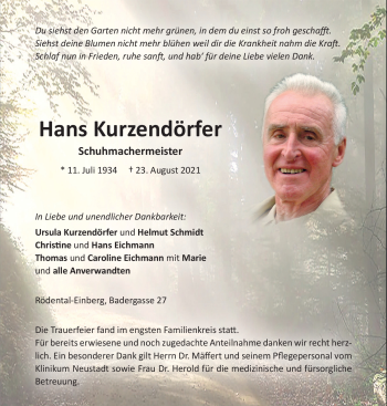 Traueranzeige von Hans Kurzendörfer von Neue Presse Coburg