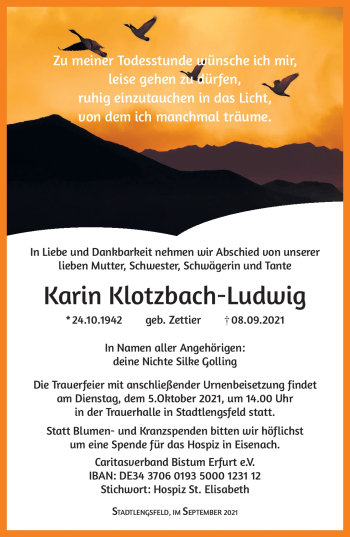Traueranzeige von Karin Klotzbach-Ludwig von Südthüringer Presse