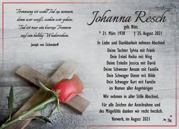Traueranzeige von Johanna Resch von Südthüringer Presse