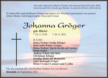 Traueranzeige von Johanna Gröger von Südthüringer Presse