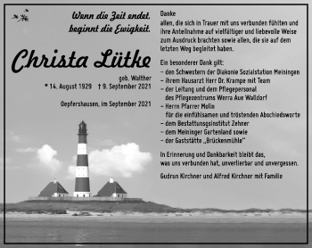 Traueranzeige von Christa Lütke von Südthüringer Presse