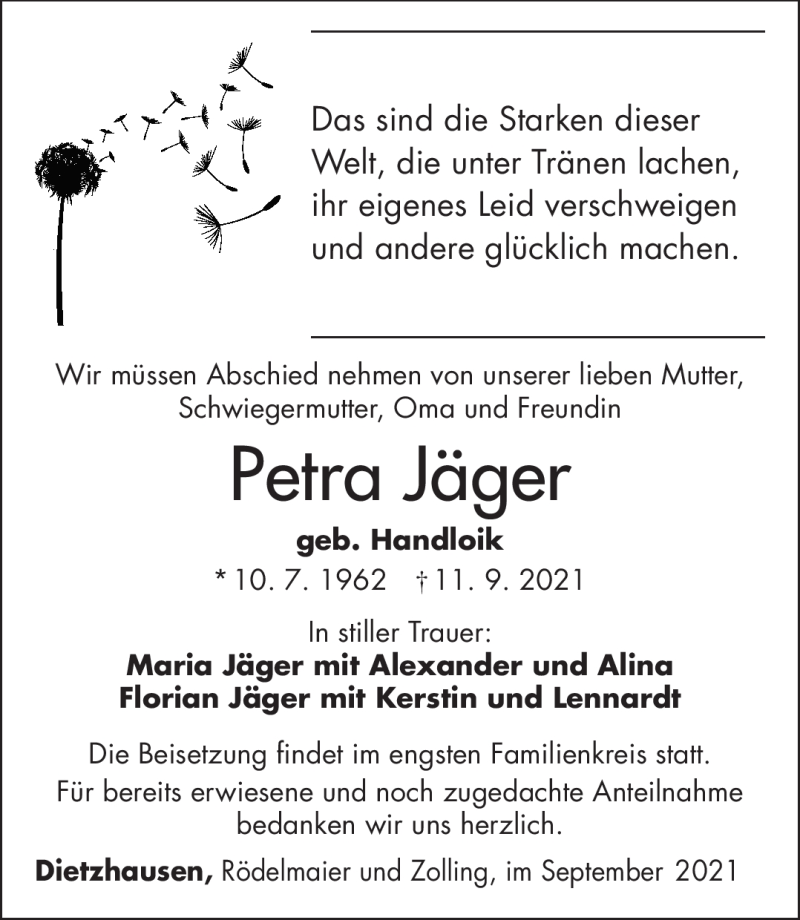  Traueranzeige für Petra Jäger vom 18.09.2021 aus Südthüringer Presse