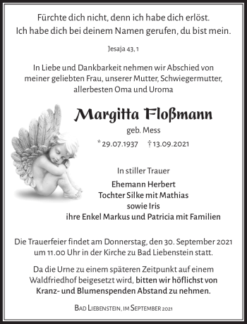 Traueranzeige von Margitta Floßmann von Südthüringer Presse