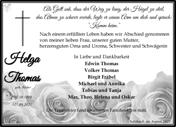 Traueranzeige von Helga Thomas von Südthüringer Presse