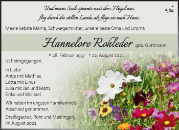 Traueranzeige von Hannelore Rohleder von Südthüringer Presse