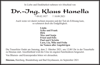 Traueranzeige von Klaus Hanella von Südthüringer Presse