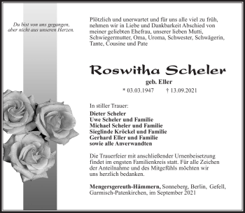 Traueranzeige von Roswitha Scheler von Südthüringer Presse