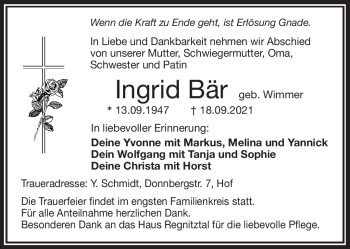 Traueranzeige von Ingrid Bär von Frankenpost