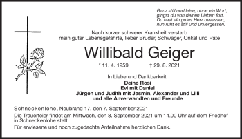 Traueranzeige von Willibald Geiger von Neue Presse Coburg
