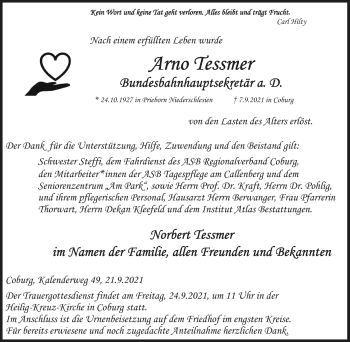 Traueranzeige von Arno Tessmer von Neue Presse Coburg