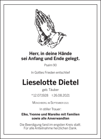 Traueranzeige von Lieselotte Dietel von Frankenpost
