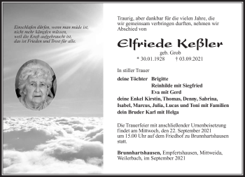 Traueranzeige von Elfriede Keßler von Südthüringer Presse