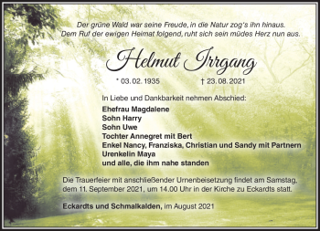 Traueranzeige von Helmut Irrgang von Südthüringer Presse