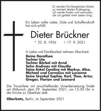 Traueranzeige von Dieter Brückner von Südthüringer Presse