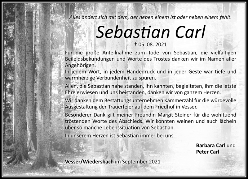  Traueranzeige für Sebastian Carl vom 11.09.2021 aus Südthüringer Presse