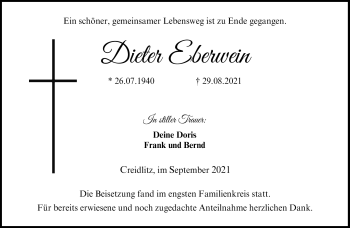 Traueranzeige von Dieter Eberwein von Neue Presse Coburg