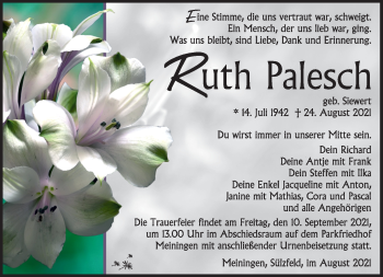 Traueranzeige von Ruth Palesch von Südthüringer Presse