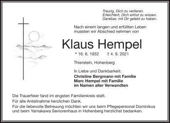 Traueranzeige von Klaus Hempel von Frankenpost