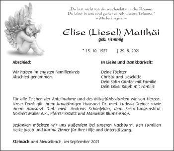 Traueranzeige von Elise Matthäi von Südthüringer Presse