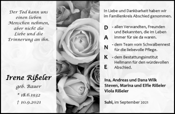 Traueranzeige von Irene Rißeler von Südthüringer Presse
