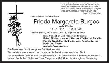 Traueranzeige von Frieda Margareta Burges von Frankenpost