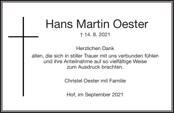 Traueranzeige von Hans Martin Oester von Frankenpost