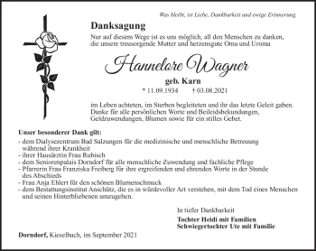 Traueranzeige von Hannelore Wagner von Südthüringer Presse