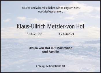 Traueranzeige von Klaus-Ullrich Metzler-von Hof von Neue Presse Coburg