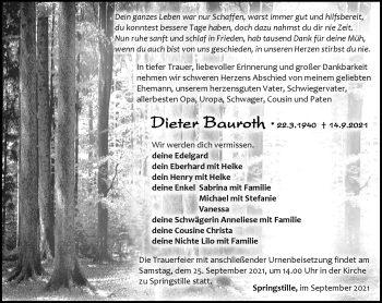 Traueranzeige von Dieter Bauroth von Südthüringer Presse