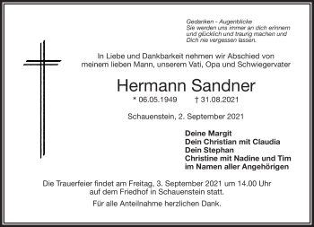 Traueranzeige von Hermann Sandner von Frankenpost