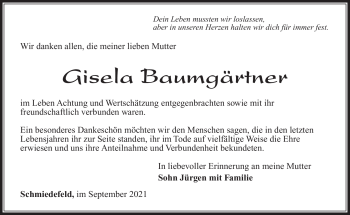 Traueranzeige von Gisela Baumgärtner von Südthüringer Presse