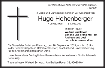 Traueranzeige von Hugo Hohenberger von Frankenpost