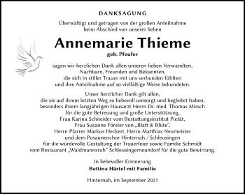 Traueranzeige von Annemarie Thieme von Südthüringer Presse