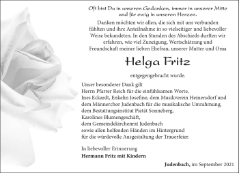 Traueranzeige von Helga Fritz von Südthüringer Presse