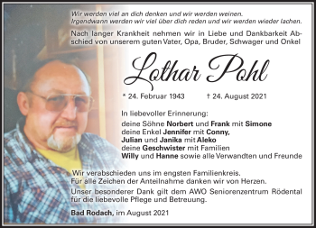 Traueranzeige von Lothar Pohl von Südthüringer Presse