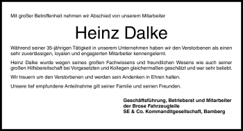 Traueranzeige von Heinz Dahlke von Neue Presse Coburg