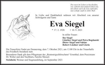 Traueranzeige von Eva Siegel von Südthüringer Presse